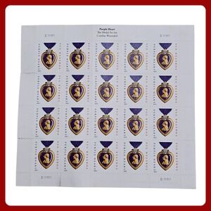 Purple Heart Medal Forever USA Postage Stamps Sheet 20 Combat Wounded Military